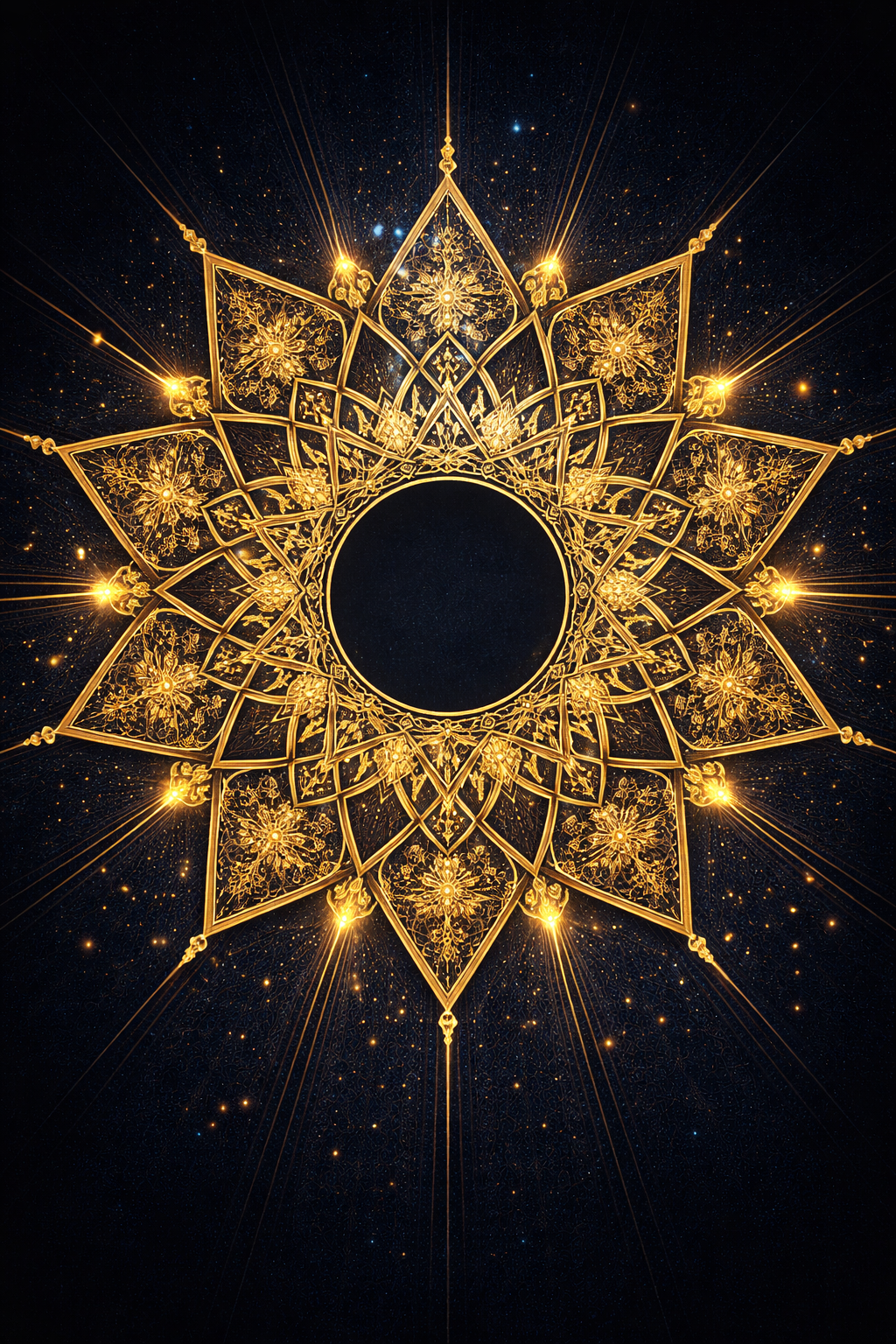 Golden geometric Islamic starburst pattern radiating from center on dark navy blue -- Allahu Akbar vertical 9:16 WhatsApp Islamic wallpaper HD